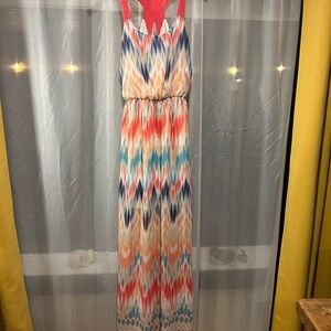 Maurices Ikat Maxi Dress Size Small Coral Blue Boho